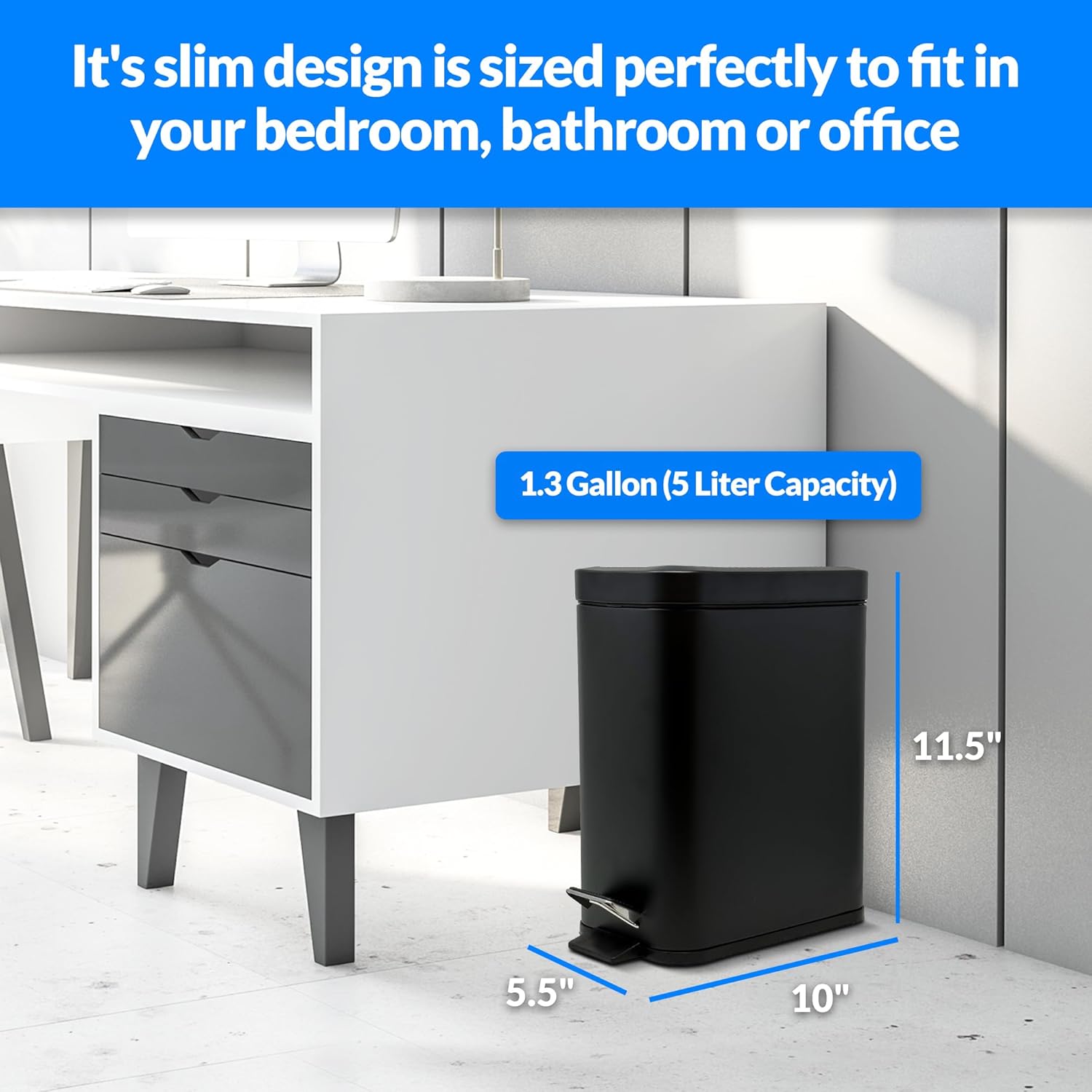 Reli. Small Trash Can with Lid, 1.3 Gallon (5 Liter) | Stainless Steel (Matte Black) | Small Bathroom Trash Can | Step Pedal Garbage Bin with Removable Bucket, Kitchen | Rectangular Metal Bin