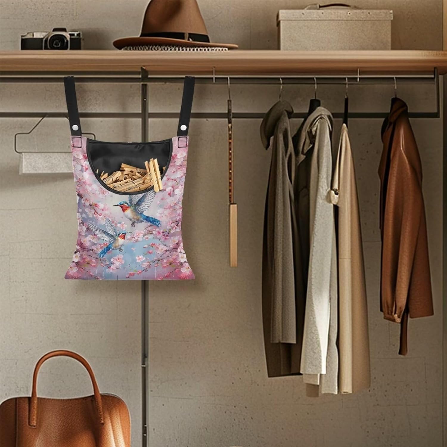 Hummingbird Clothespin Bag with Hanging Hook Cherry Blossom Clothes Pin Holder Waterproof Clothespin Storage Organizer with Large Opening Clothespin Bag for Clothesline Outdoor