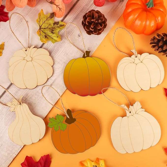 24 PCS Unfinished Wooden Fall Crafts, Pumpkin Shaped Hanging Ornaments DIY Wood - Image 4