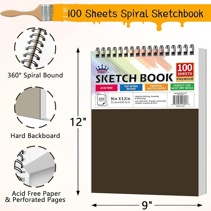 WINNER 9" x 12" Sketch Book 4 Pack, 400 Sheets Spiral Bound Art Sketchbook - Image 2