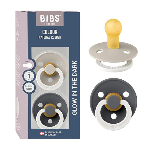 BIBS Colour Night Glow in The Dark Soother 2-Pack, BPA Free Dummy Pacifier, Round Nipple. Natural Rubber Latex, Made in Denmark, Size 1 (0-6 Months), Sand Glow/Iron Glow