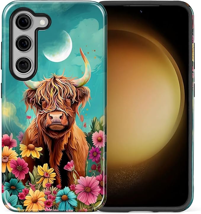 for Samsung Galaxy S23 Case, Highland Cow Flower Pattern Glossy 2 in 1 - Image 2