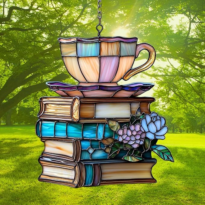 Flowers Book and Tea Acrylic Suncatcher Stained Glass Effect Window Car Hanging - Image 3