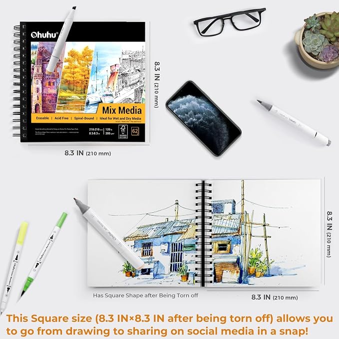 Ohuhu Mix Media Pad, 8.3" x 8.3" Mixed Media Art Sketchbook, 120 LB/200 GSM - Image 2