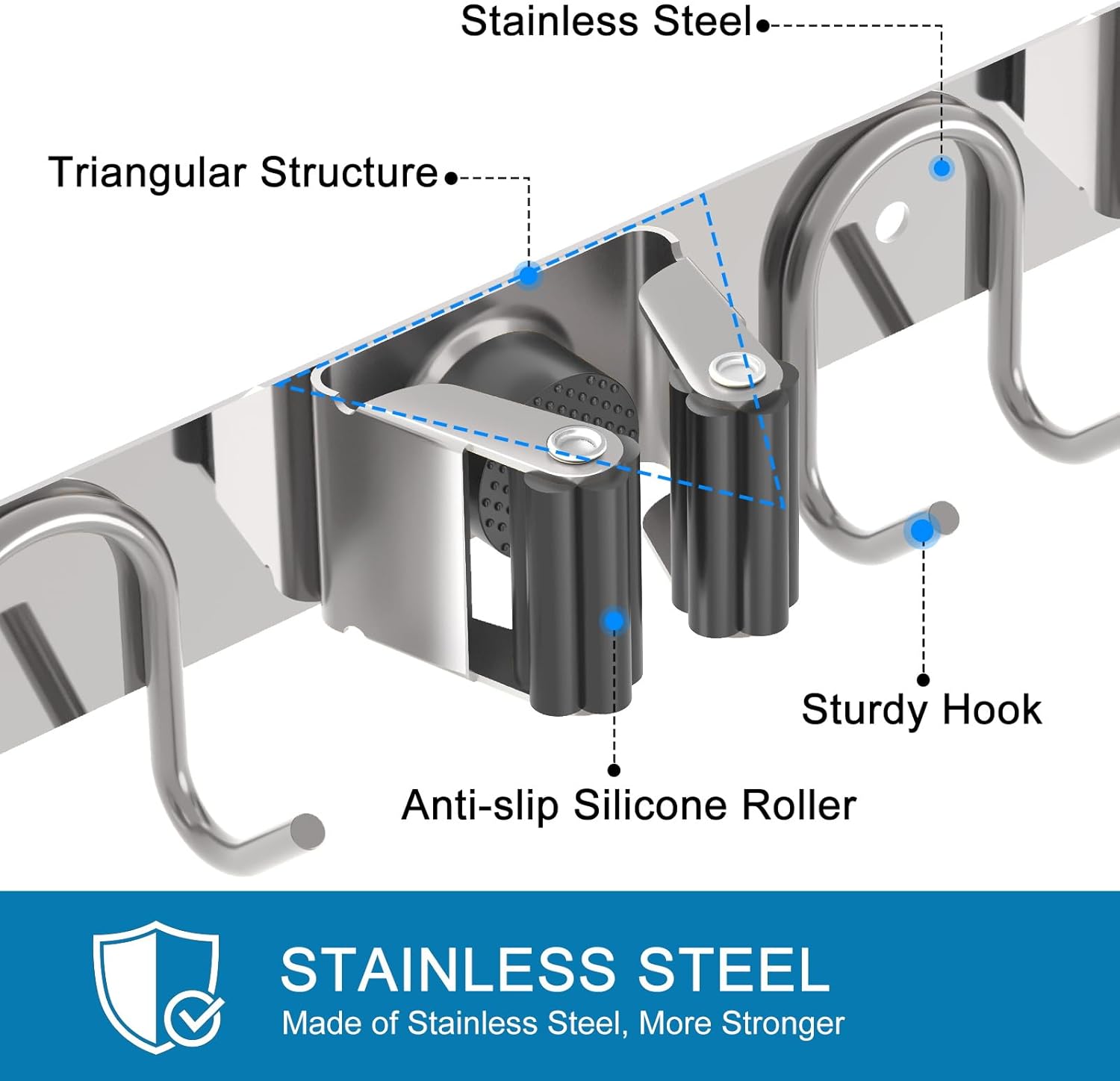 Mop Broom Holder Wall Mount, 2 Packs Silver Stainless Steel Tool Storage Organizer for Kitchen Garden Garage Laundry Room Bathroom and RV with 4 Slots 6 Hooks