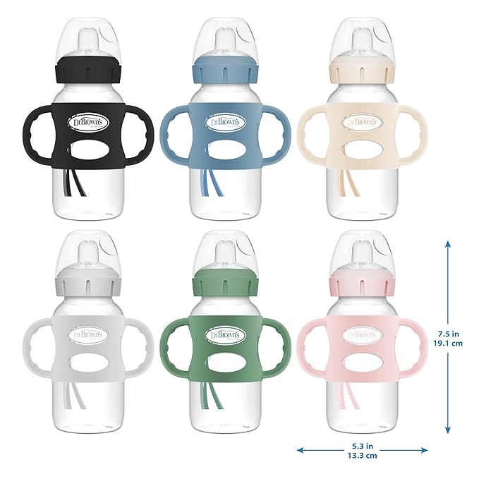 Dr. Brown's Milestones Wide-Neck Sippy Spout Bottle with 100% Silicone Handles, Easy-Grip Handles with Soft Sippy Spout, 9oz/270mL, Green & Gray, 2-Pack, 6m+