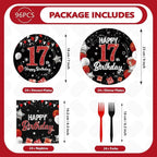 96Pcs Red and Black Party Decorations Happy 17th Birthday Plates and Napkins - Image 2
