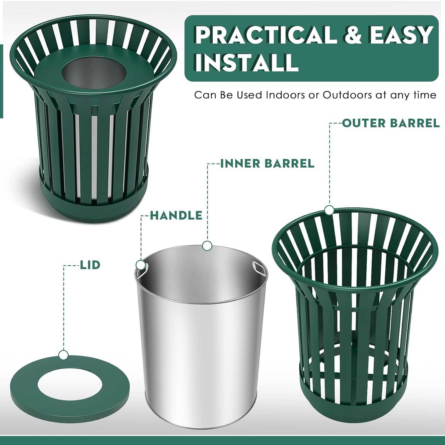 16 Gallon Round Large Outdoor Trash Can, Heavy Duty Metal Slatted Garbage Can Outdoor, All Weather Resistant Commercial Garbage Cans, Waste Receptacle in Park, School, Beach, Patio (Green, Large)