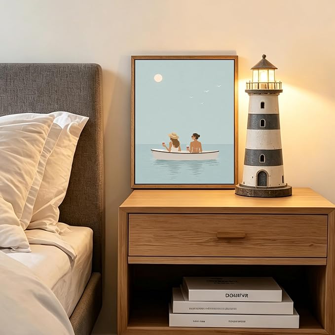 Framed Coastal Women Boat Canvas Wall Art Minimalist Calm Ocean - Image 6