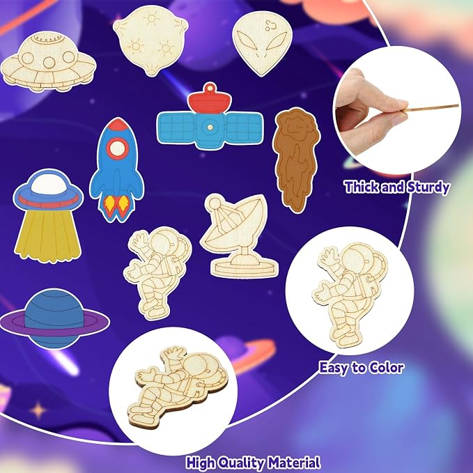 100 pcs Mixed Styles Universe Theme Unfinished Wooden Cutout Charms Alien - Image 3