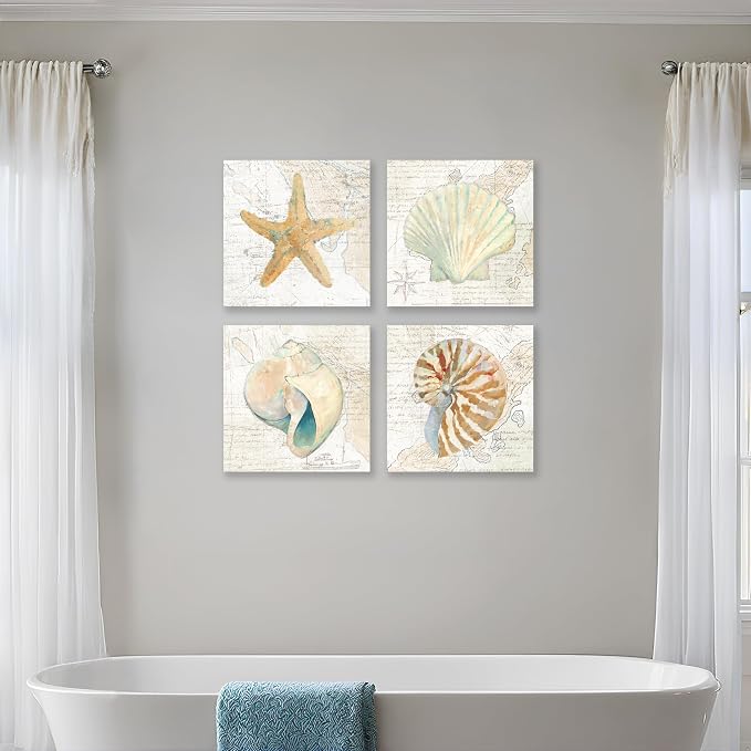 Seashell Bathroom Decor Cream Color Seashell Starfish Canvas Wall Art Nautical - Image 6