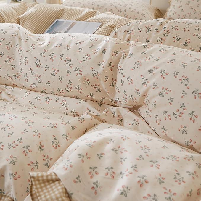 mixinni Beige Floral Duvet Cover King Size, 100% Cotton Cute Strawberry Floral - Image 8