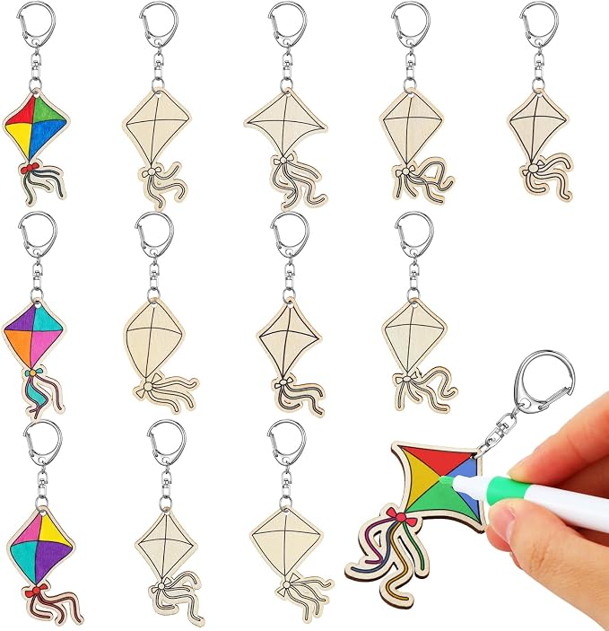 RattanView 24 Pcs Kites Crafts Color Your Own Keychains DIY Craft Wooden Blank by RattanView