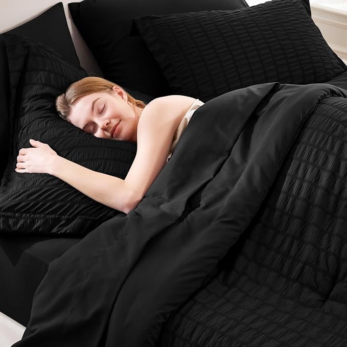 CozyLux Oversized Queen Comforter Set Black Seersucker 7 Pieces 98x98 Bed in a - Image 5