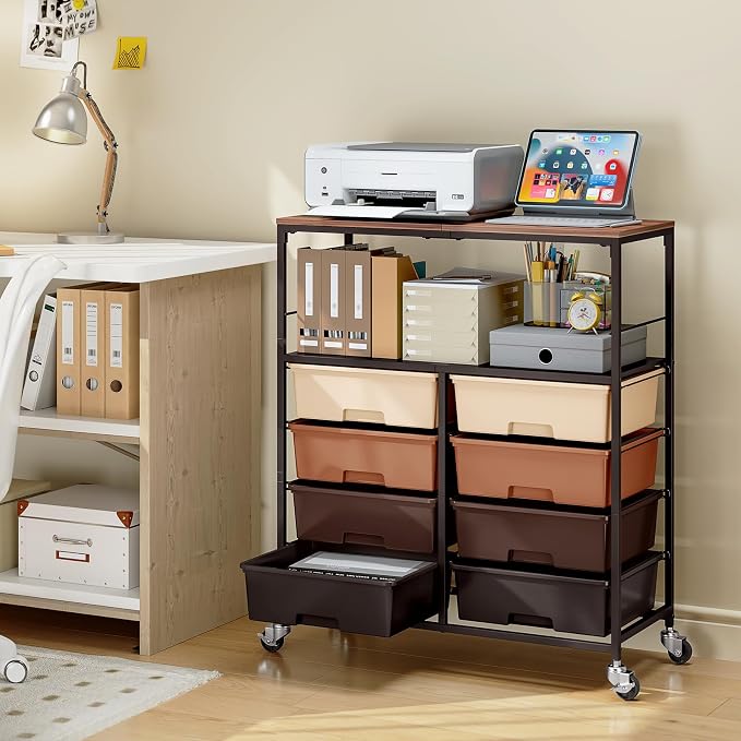 Rolling Cart with 8 Drawers, Storage Drawer Cart with Wooden Tabletop, Lockable - Image 8
