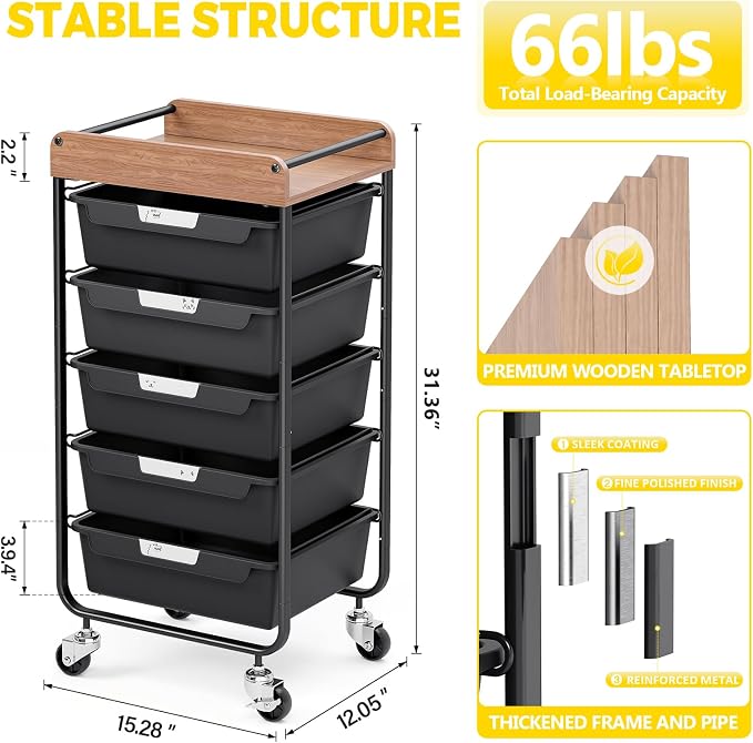 SYKIARIOL Utility Cart with 5 Labeling Drawers and Wooden Tabletop – Rolling - Image 2