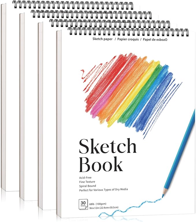 4 Pack Sketch Book, 9 x 12 Inch Sketchbook, 68lb/100gsm Spiral Bound Sketch Pad by Prudiut