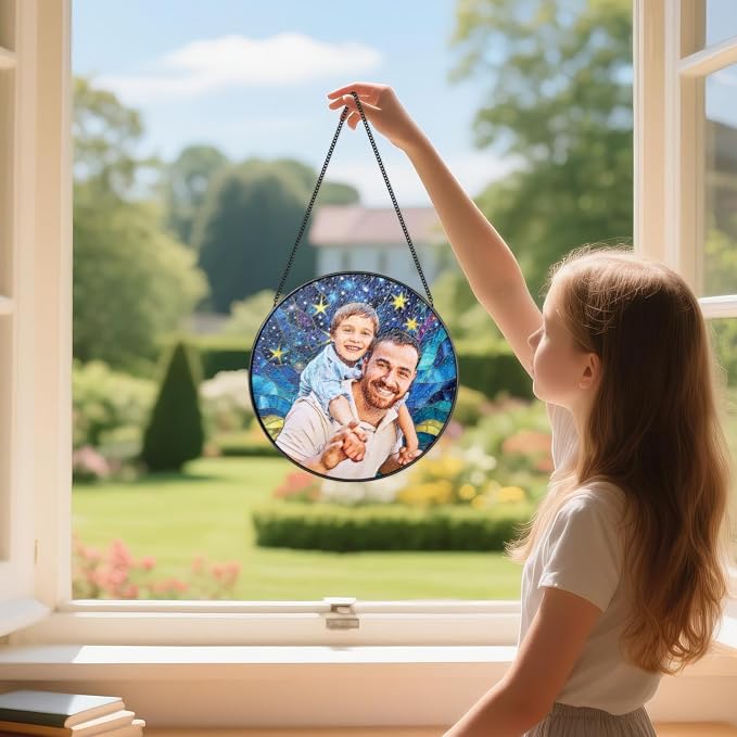 Personalized Dad Photo Stained Glass Suncatcher, Stained Glass Window Hanging - Image 5