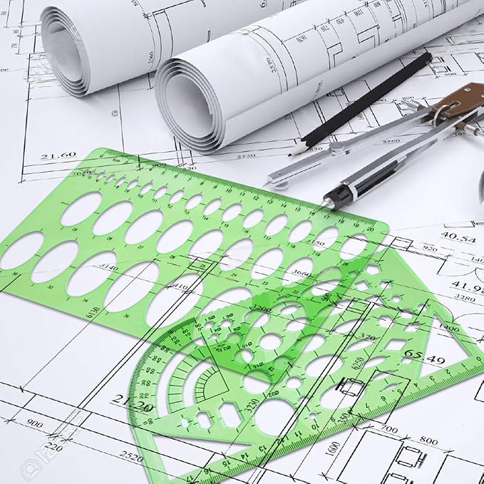11 Piece Geometric Drawing Template Measuring Ruler, Transparent Green Plastic - Image 7