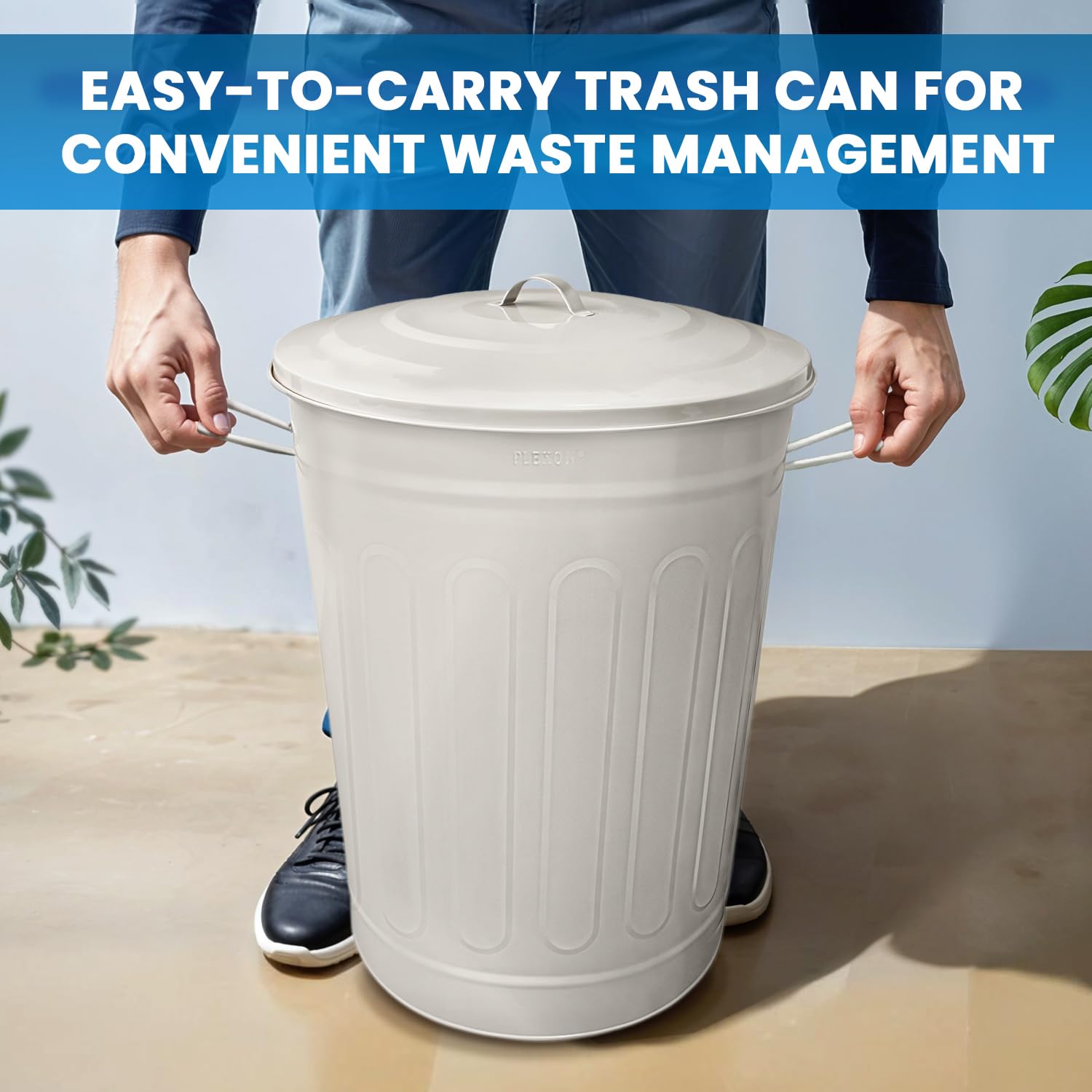 Plexon 13-Gallon Galvanized Steel Round Trash Can with Lid, Indoor and Outdoor Use, Durable Construction, Retro Design, Stylish Beige 2 Pack