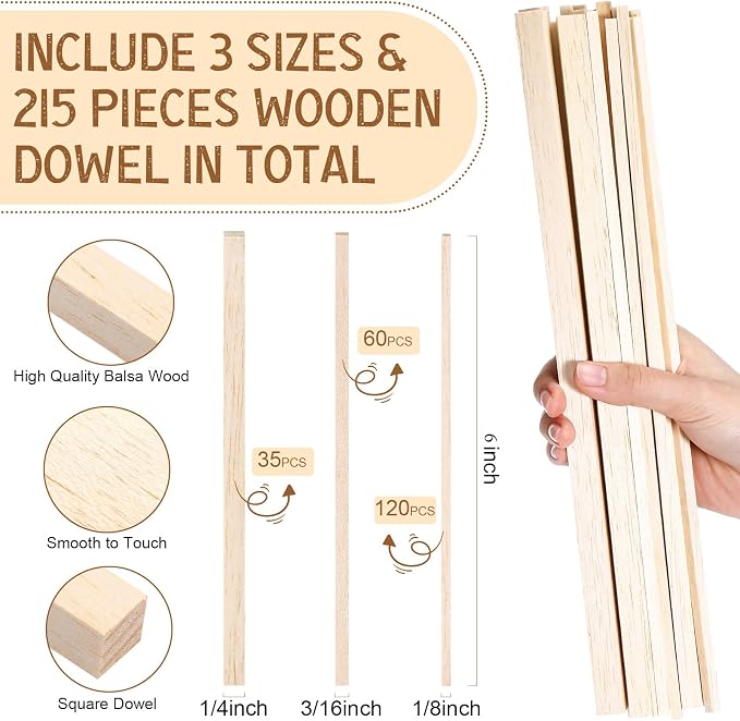 Yulejo 215 Pieces Balsa Wood Sticks Wooden Dowel Rods Square Hardwood - Image 2