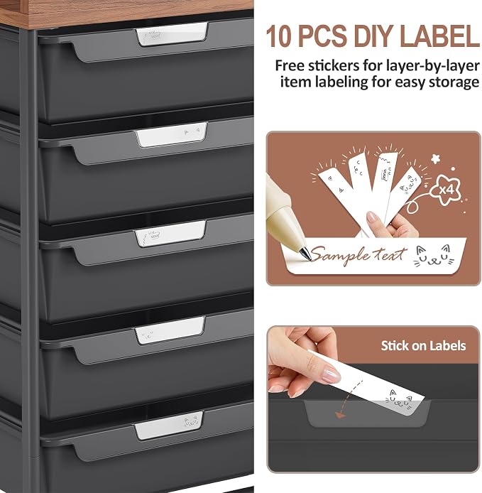 10 Drawers Rolling Cart with Wooden Tabletop, Utility Storage Cart with Wheels - Image 8