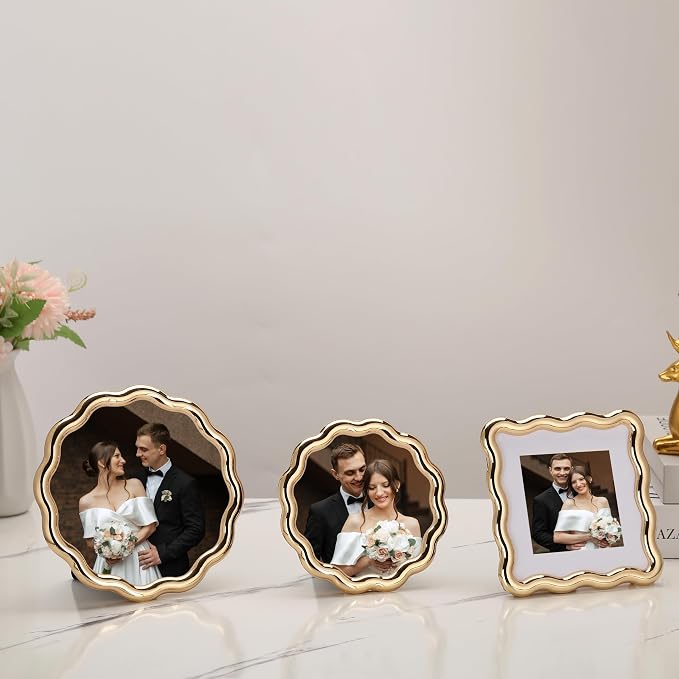 High-End Gold 4x4'' Round Zinc Alloy Picture Frames, Unique Wave Design - Image 4
