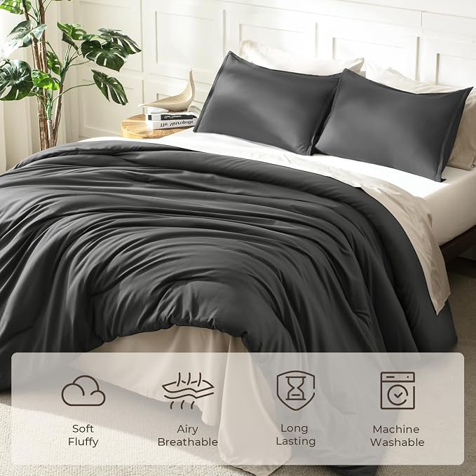 Litanika Grey Comforter King Size Set, Dark Gray Lightweight Plain Bedding - Image 3
