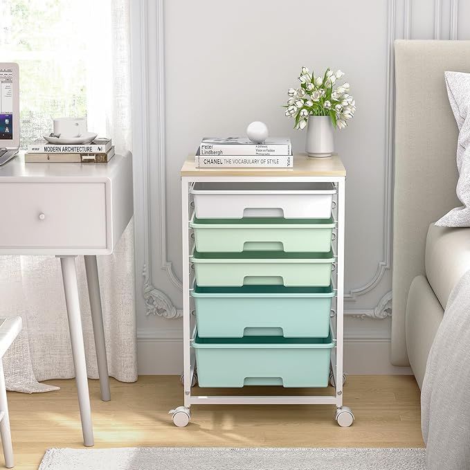 SYKIARIOL Utility Cart with 5 Drawers, Storage Cart with Wooden Tabletop and - Image 2