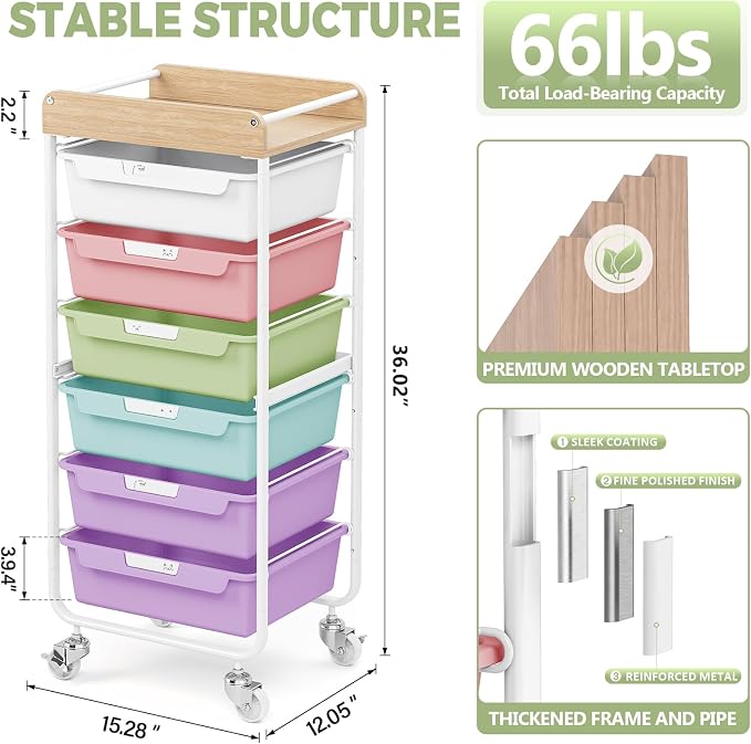 SYKIARIOL Rolling Cart with 6 Drawers, Utility Storage Cart with Labeling Ice - Image 3