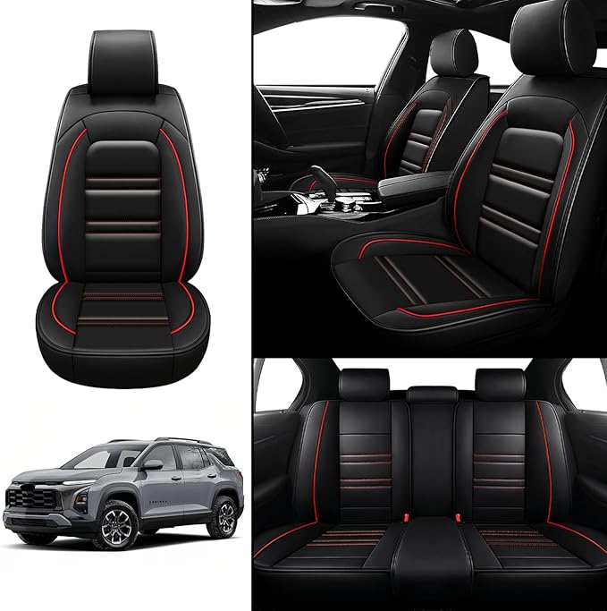 Seat Covers for Chevy Equinox 2005-2025 | 5-Seats Leather Seat Covers, Easy to Install Automotive Seat Covers Full Set (Full Set, Black&Red Line)