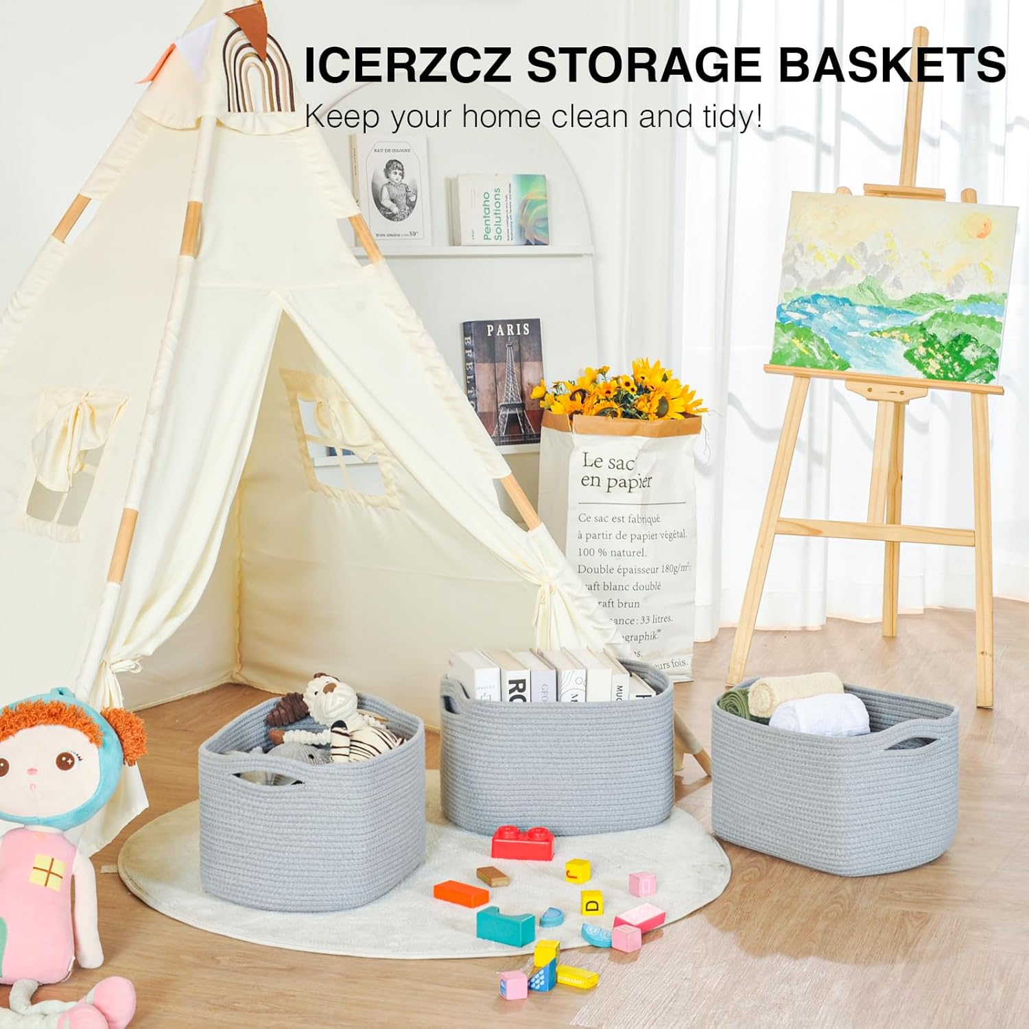 Storage Baskets for Organizing Shelves, Woven Cotton Rope Bins for Baby Nursery Organization, Book Toy Towel Organizer, 15"x11"x9.5", 3 Packs, Grey