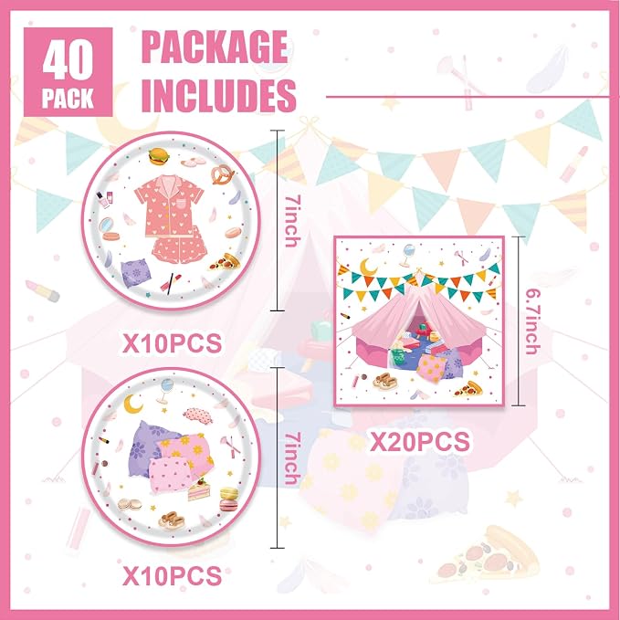 40Pcs Sleepover Party Supplies for Girls Pajama Birthday Plates and Napkins - Image 2