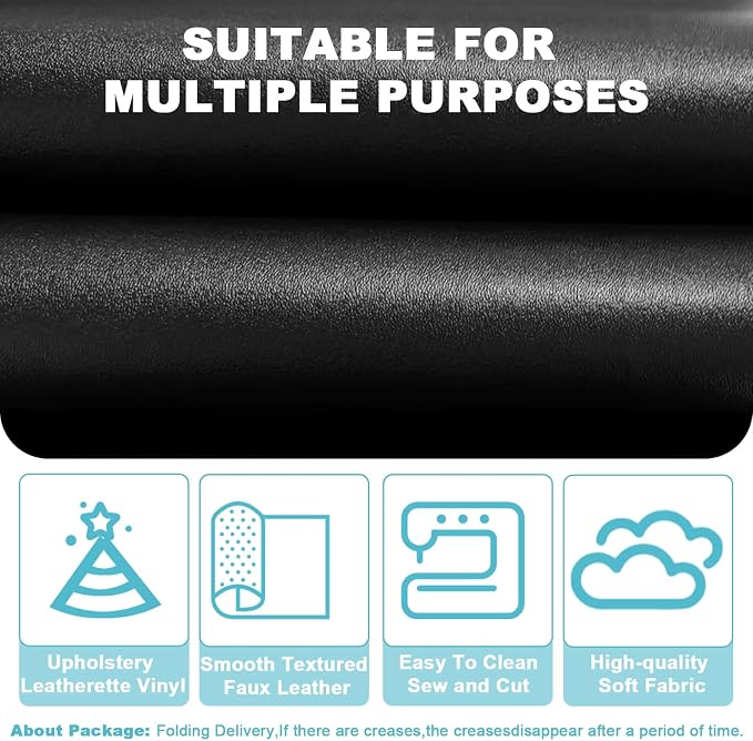 Black Faux Leather Fabric 79"×55" Smooth Grain Upholstery Vinyl - Image 3