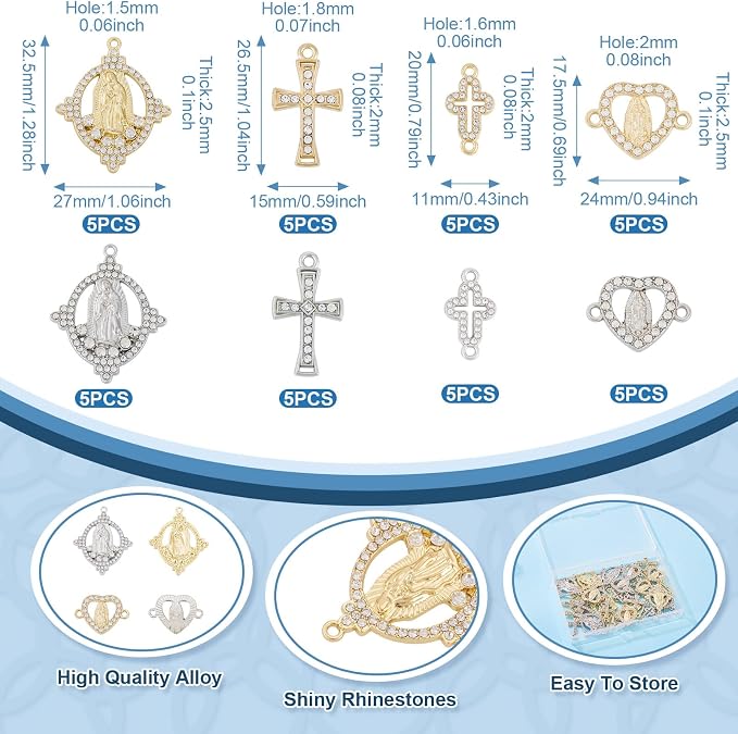 Cheriswelry 40pcs Virgin Cross Rhinestone Connector Charms Heart Oval Cross - Image 4