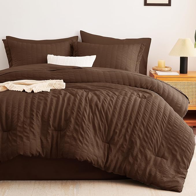 CozyLux King Size Comforter Set Brown Seersucker 7 Pieces Bed in a Bag King - Image 9
