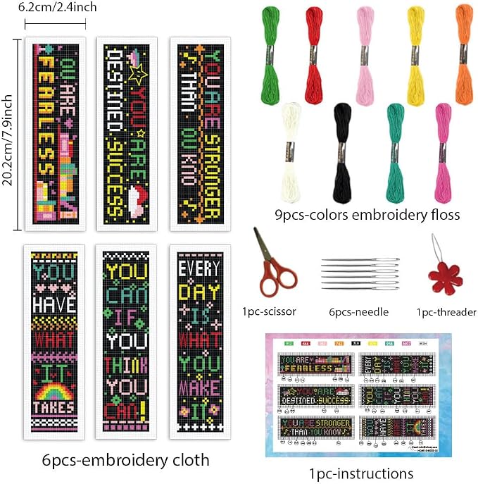 INFUNLY 6Pcs Inspirational Words Cross Stitch Bookmark Kits 8"x2.4" DIY - Image 2