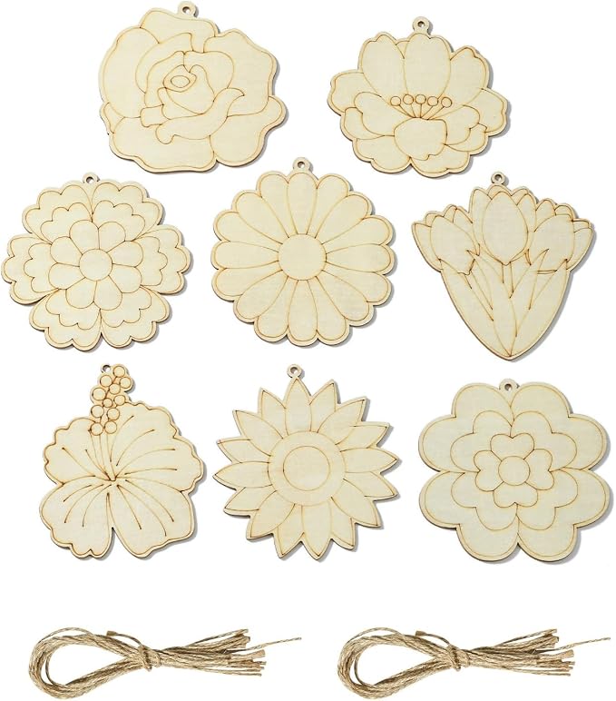 16 pcs Mixed Styles Cute Flower Theme Undyed Wood Cutout Charms Spring - Image 8