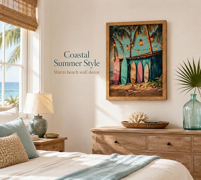 Framed Vintage Surfboard Canvas Wall Art, Tropical Palm Trees Painting Picture - Image 3