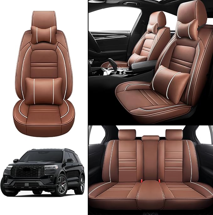 Car Seat Covers for Ford Explorer 2011-2025 | 5-Seats Seat Covers, Waterproof Seat Protectors, Automotive Seat Covers (Full Set with Pillow,Coffee)