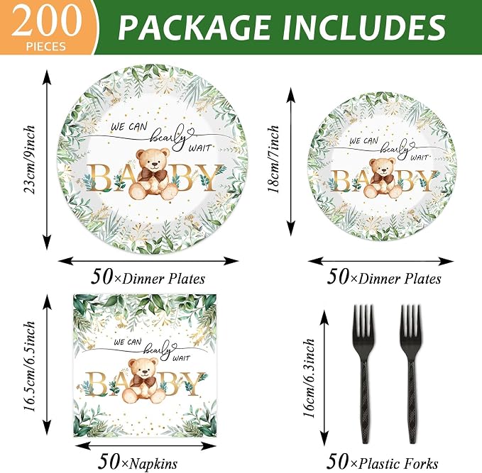 Naozinebi 200PCS Sage Green Bear Baby Shower Decoration Teddy Plates Napkins We - Image 2
