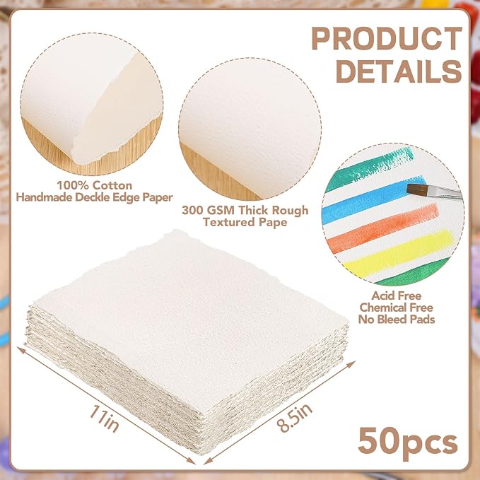 Prudiut 50 Sheets Cotton Watercolor Paper, 8.5 x 11 Inches, 300 GSM, Deckled - Image 2