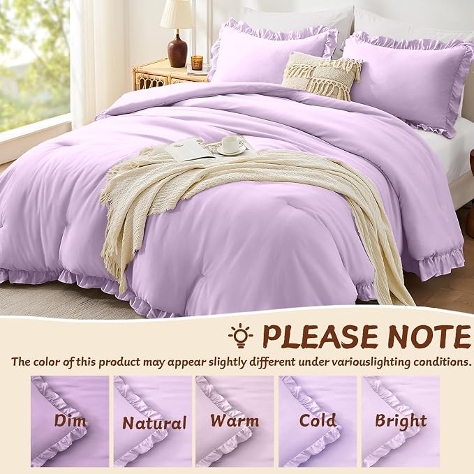 FUANNA King Size Comforter Set Lavender, 3 Pieces Ruffle King Bedding Set - Image 6