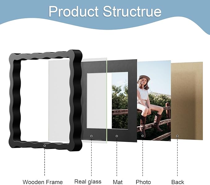 8x8 Picture Frame with Mat for 6x6, Wavy Edge Wooden Real Glass Photo Frame for - Image 5