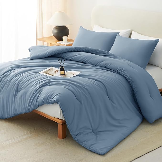CozyLux California King Comforter Set Grayish Blue, 3 Pieces Cal King Solid by CozyLux