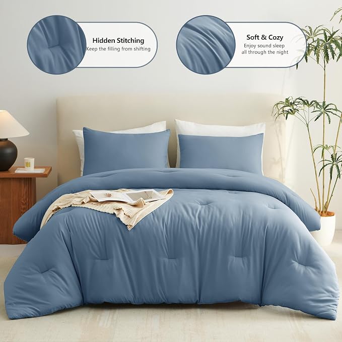 CozyLux Grayish Blue King Size Comforter Set, 3 Pieces Dusty Blue Solid - Image 2