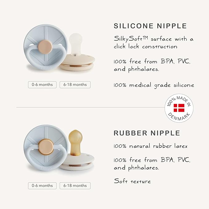 FRIGG Little Viking Natural Rubber Baby Pacifier 2-Pack | Made in Denmark | BPA-Free (Powder Blue/Cream,0-6 Months)