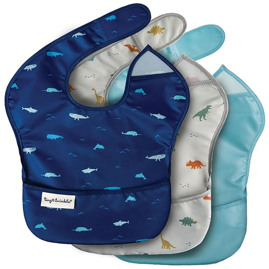 Tiny Twinkle Mess Proof Baby Bibs for Eating – Waterproof, Wipeable Toddler Bibs with Pocket – Baby Food Bibs for Girls & Boys(3 Pack,Sea, Dino)