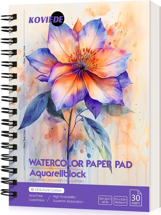KOVIEDE 100% Cotton Watercolor Paper Pad 30 Sheets, Cold Press 140lb/300gsm by KOVIEDE