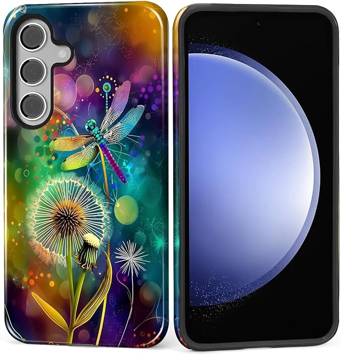 for Samsung Galaxy S24 Case, Dragonfly Dandelion Colorful Pattern Glossy 2 in 1 by Teonvpu